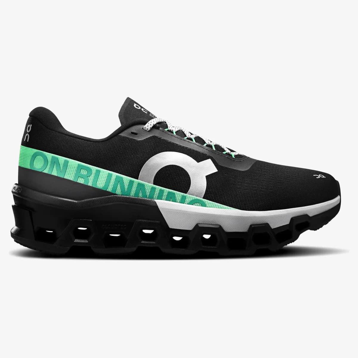 On Cloudmonster 2 Negro Verde. Vista 1 del modelo. Imagen de catálogo del producto.
