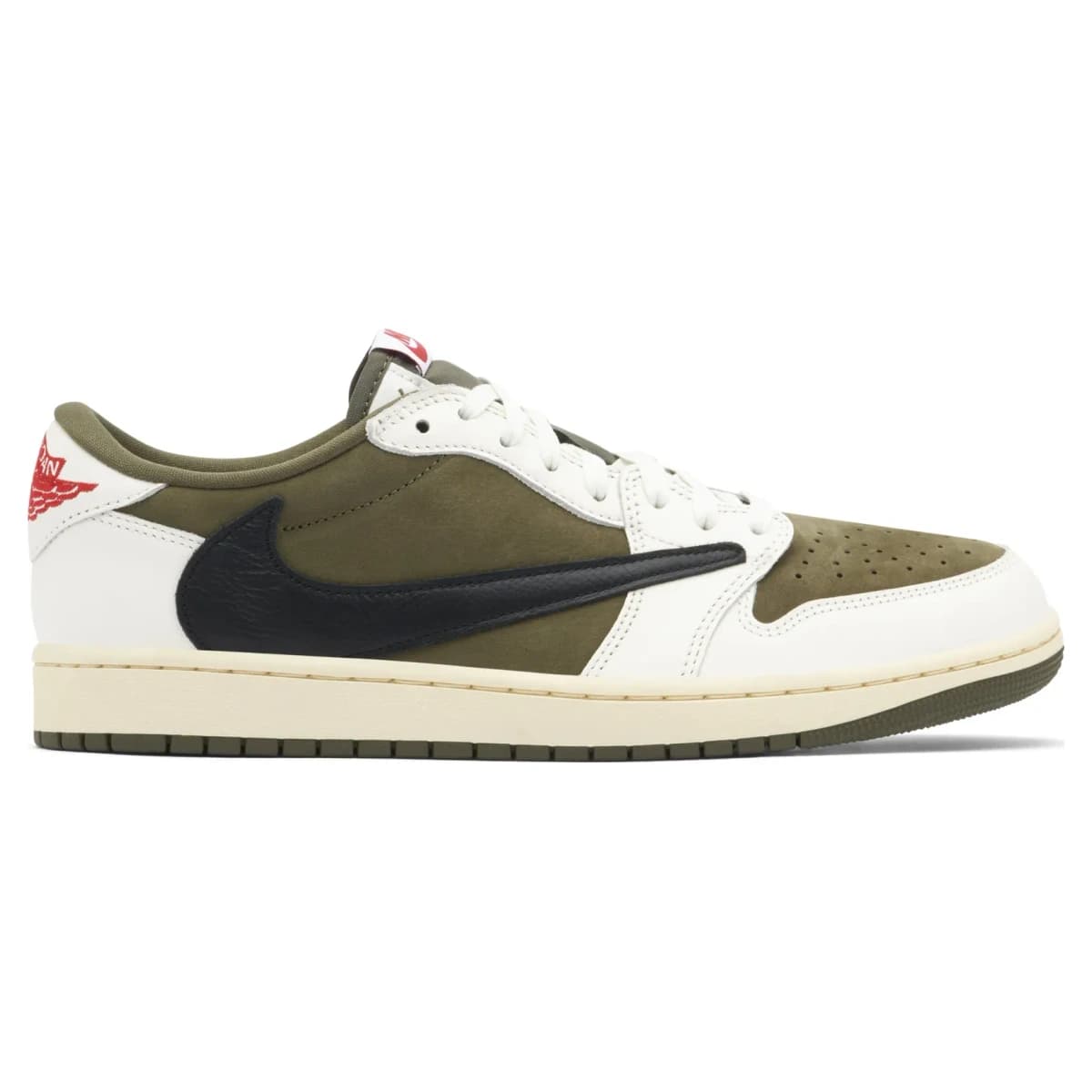 Travis Scott x Air Jordan 1 Retro Low OG SP Medium Olive. Vista 1 del modelo. Imagen de catálogo del producto.
