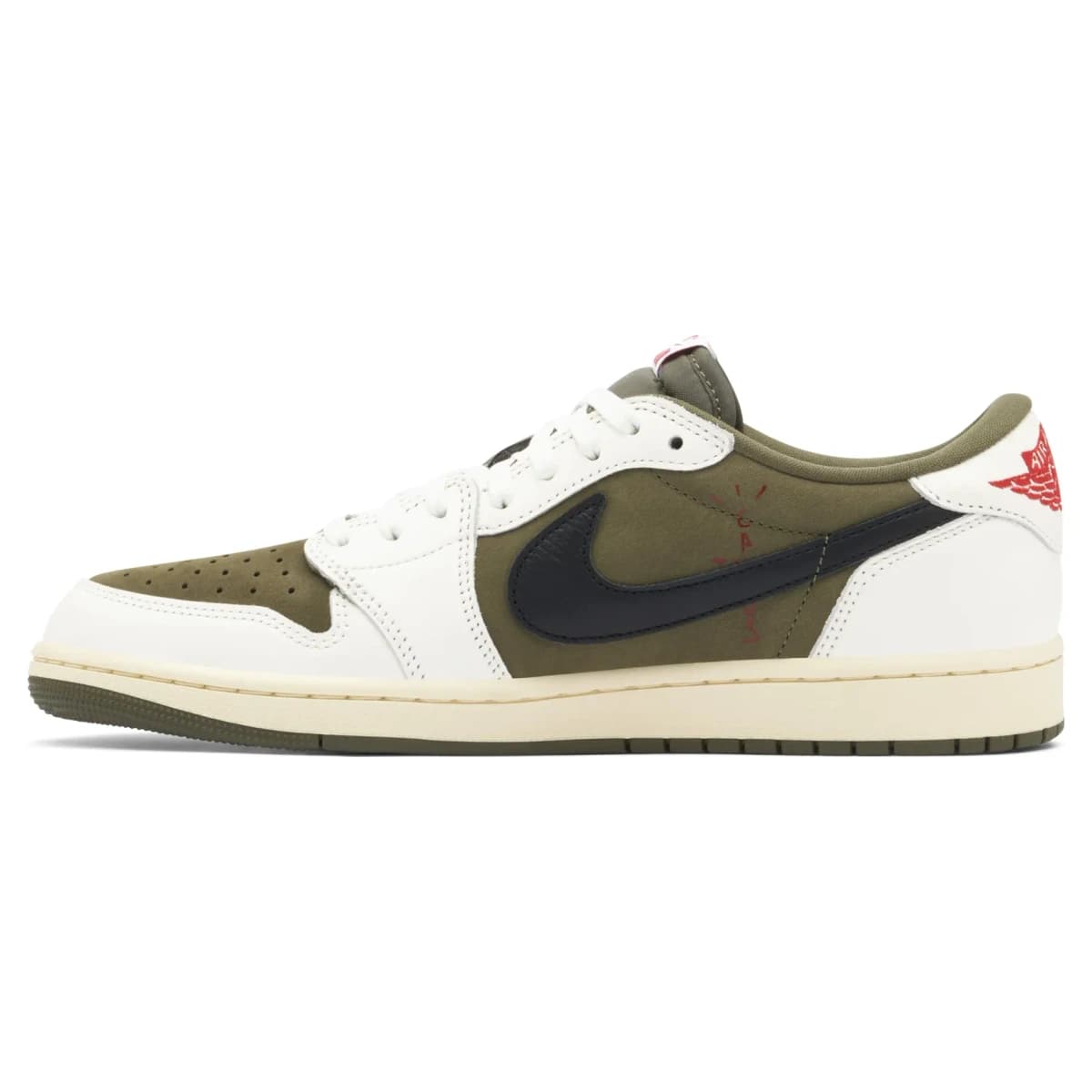 Travis Scott x Air Jordan 1 Retro Low OG SP Medium Olive. Vista 2 del modelo. Imagen de catálogo del producto.