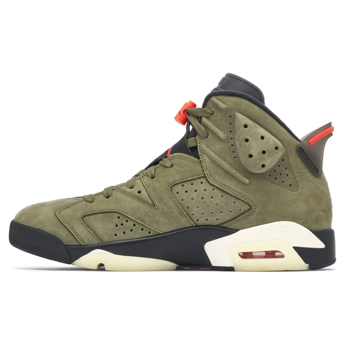 Travis Scott x Air Jordan 6 Retro Olive. Vista 2 del modelo. Imagen de catálogo del producto.