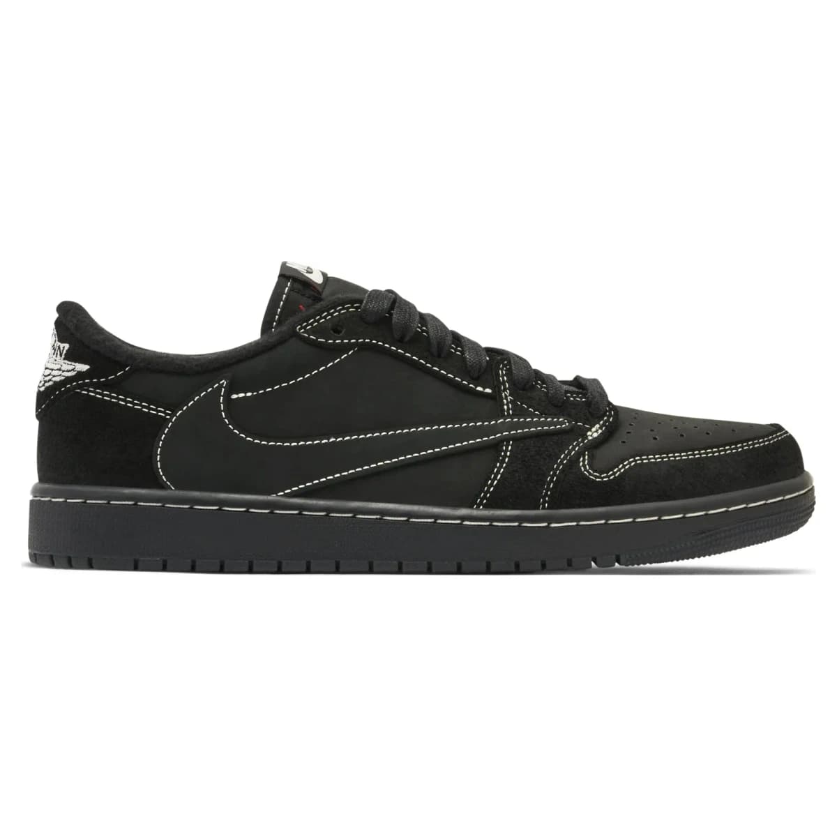Travis Scott x Air Jordan 1 Retro Low OG SP Black Phantom. Vista 1 del modelo. Imagen de catálogo del producto.
